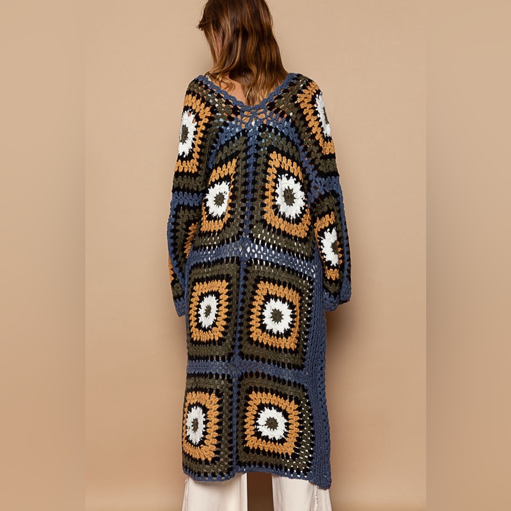 #116 New! Pol Gorgeous Long Crochet Knitted Sweater Coat - Picture 2 of 3